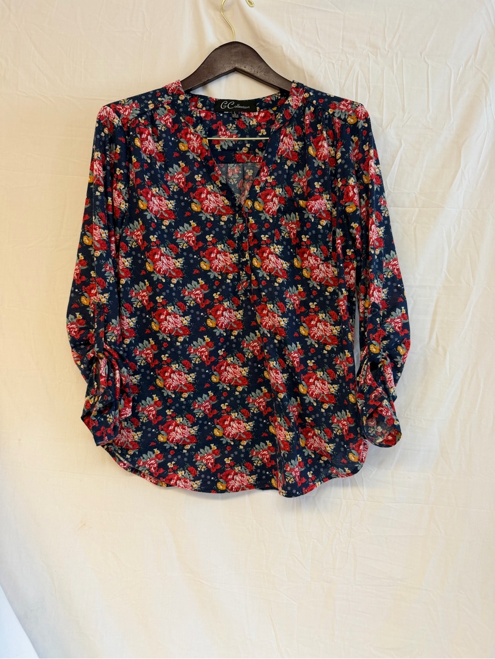 IC COLLECTION Navy Floral V-Neck Long Sleeve Blouse